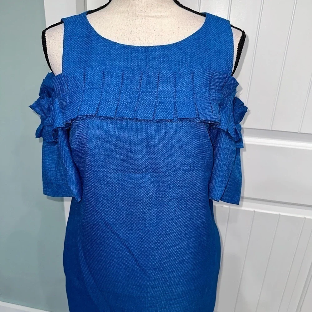 Badgley Mischka Blue Ruffle Sleeve Cold Shoulder woven dress size 4 - Picture 4 of 10